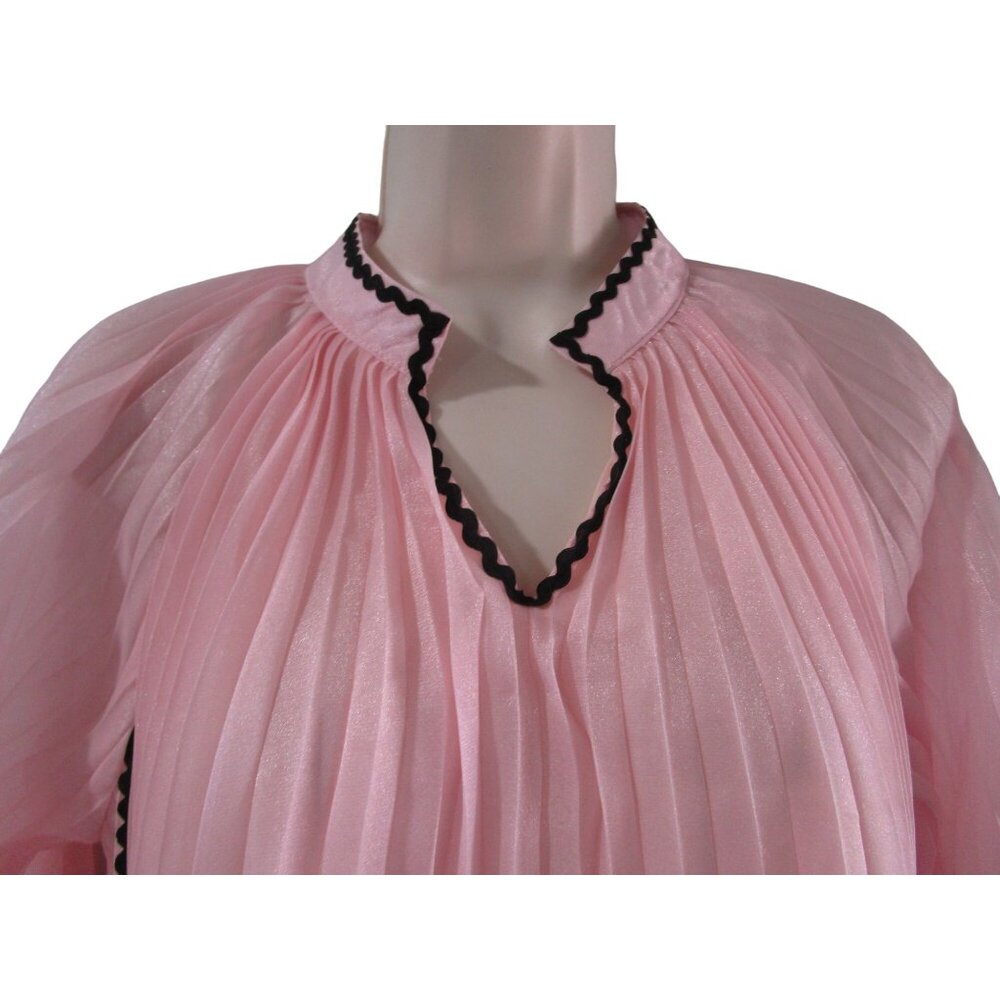 VGU Pink Accordion Pleated Swing Blouse Black RicRac Lace Vintage Style Med EUC - Picture 6 of 15